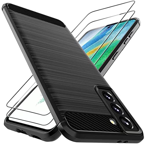 Natbok Coque pour Samsung Galaxy S21 FE 5G & 2 Pièces Verre Trempé Protection Écran Texture Fibre de Carbone Etui Galaxy S21 FE, Anti-Chocs Anti-Rayures Souple Housse Samsung S21 FE - Noir Cover