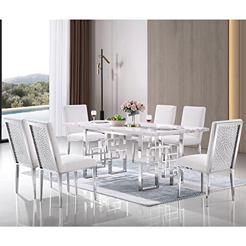 Azhome Modern Dining Table, 78 Inches Rectangular Dining Room Table For 6 To 8, White Rectangle Tabletop With Silver Stainless Steel Geometric Base #TOP1
