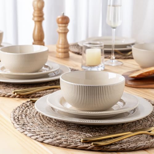 Image of GBHOME Ceramic Dinnerware Sets,12 pcs Embossed Elegant Stoneware Plates and Bowls Sets, Housewarming Wedding Gift | Dishwasher & Microwave Safe | Dishes Set Service for 4