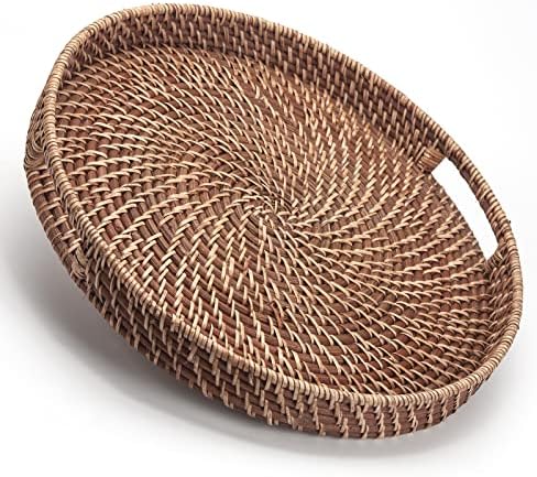 Round Rattan Woven Serving Tray with Handles Ottoman Tray for Breakfast, Drinks, Snacks for Coffee Table, Home Decorative (Honey Brown, 13.8"x2")
