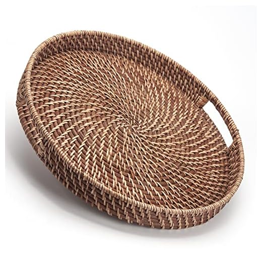 Round Rattan Woven Serving Tray with Handles Ottoman Tray for Breakfast, Drinks, Snack for Coffee Table, Home Decorative (16.9 inch, Honey Brown)