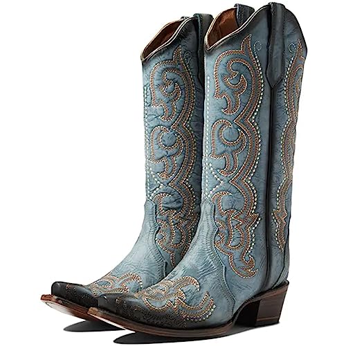 Image of Corral Boots Womens Blue Jean Embroidered Snip Toe Casual Boots Mid Calf Mid Heel 2-3 inch - Blue