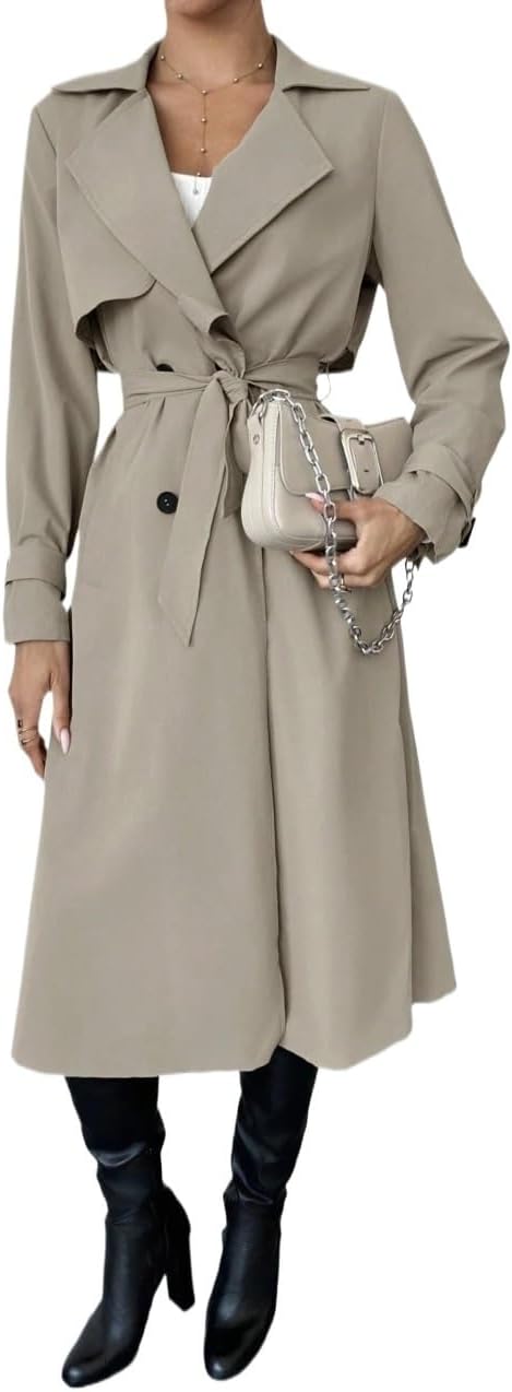 Womens Fashion Trench Outwear Elegant Waist A-Line Long Sleeve Trench Coat Jacket Coat