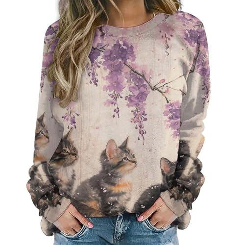 Jumpers for Women Uk Cat Sweatshirts for Cute Sweater Graphic Crewneck Oversized Novelty Funny Sweaters (White, L)