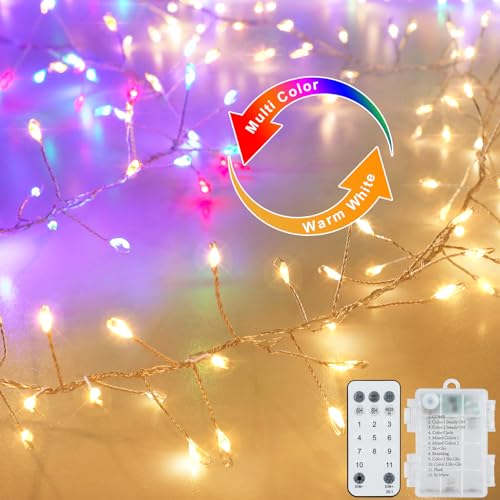CCILAND Guirlande lumineuse en grappe à piles, 3 m, 200 LED, blanc chaud et multicolore, couleurs changeantes, avec télécommande pour chambre à coucher,...