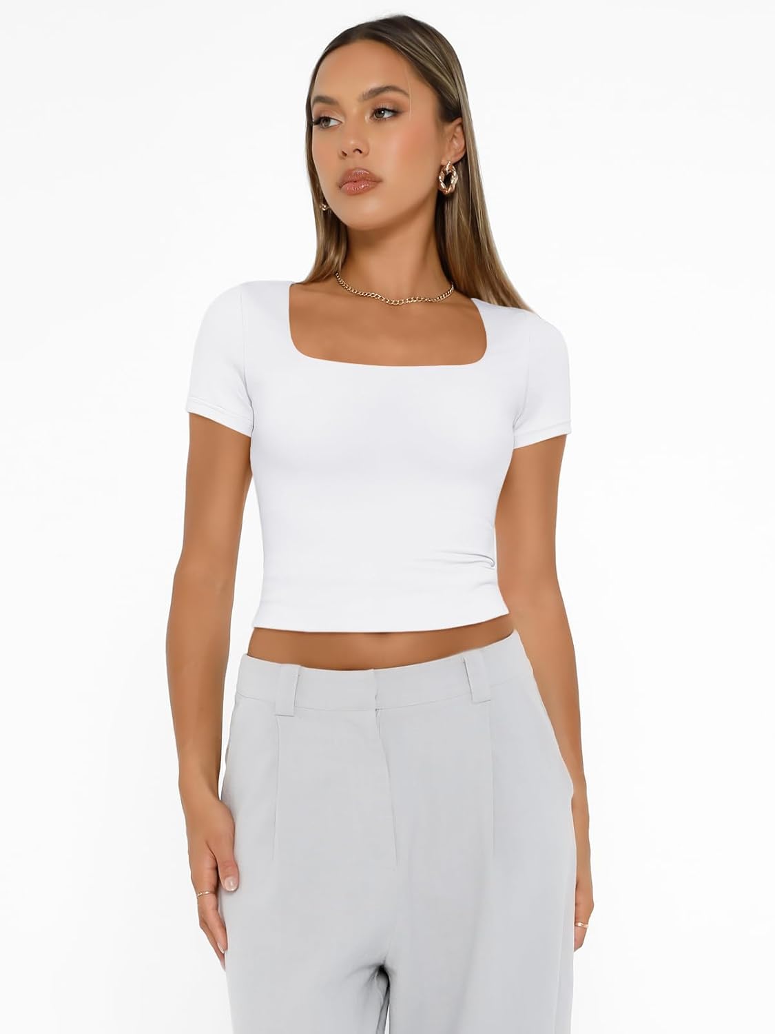 AUTOMET Womens Square Neck Double Lined Tops Going Out Short Sleeve Crop T Shirts Summer Clothes Basics Tee - Image 5