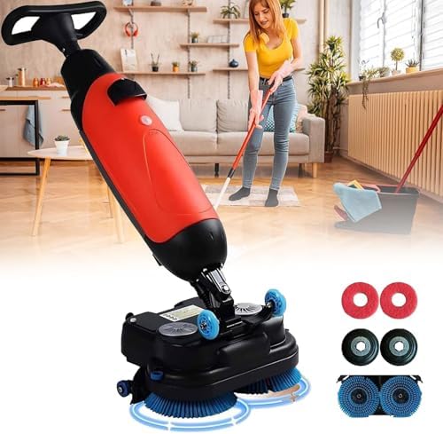 17" Professional Electric Carpet Buffer, Portable Mini Scrubber with Dual Brushes & Pads, Ideal for Wooden Floors, Tiles, Terrazzo, Marble Cleaning – Red