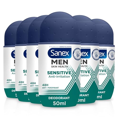 Sanex Men Sensitive Antiperspirant Roll-On Deodorant 6x50ml, 48 hour sweat protection, odour-fighting formula, slows down odour release, gentle on skin, 0% alcohol*