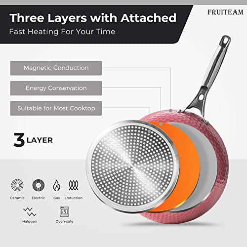Fruiteam Hammered Cookware 16-Piece Home Kitchen Ware Pots Pan Set With Non-Stick Coating, Aluminum Induction Cooking Pots, Includes Fry Pans, Saucepans, Stock Pots, Rose #TOP3