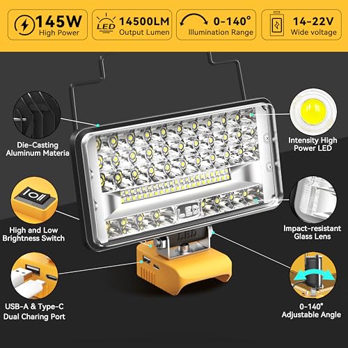 Image of MtiolHig 2Pcs Cordless LED Work Light Compatible with Dewalt 20V Battery, 145W 14500Lumens Flood Light Gifts for Men with USB&Type-C Charging for Workshop, Garage, Camping, Jobsite(Tool Only)