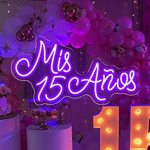 Image of Mis 15 Anos Neon Sign for Wall Decor Custom 15th Birthday Party Led Neon Light, Mis Quince Party Decor,Sweet 15 Quinceanera Party Sign,Gifts - for Her USB Powered Size:19.5inch(Purple)