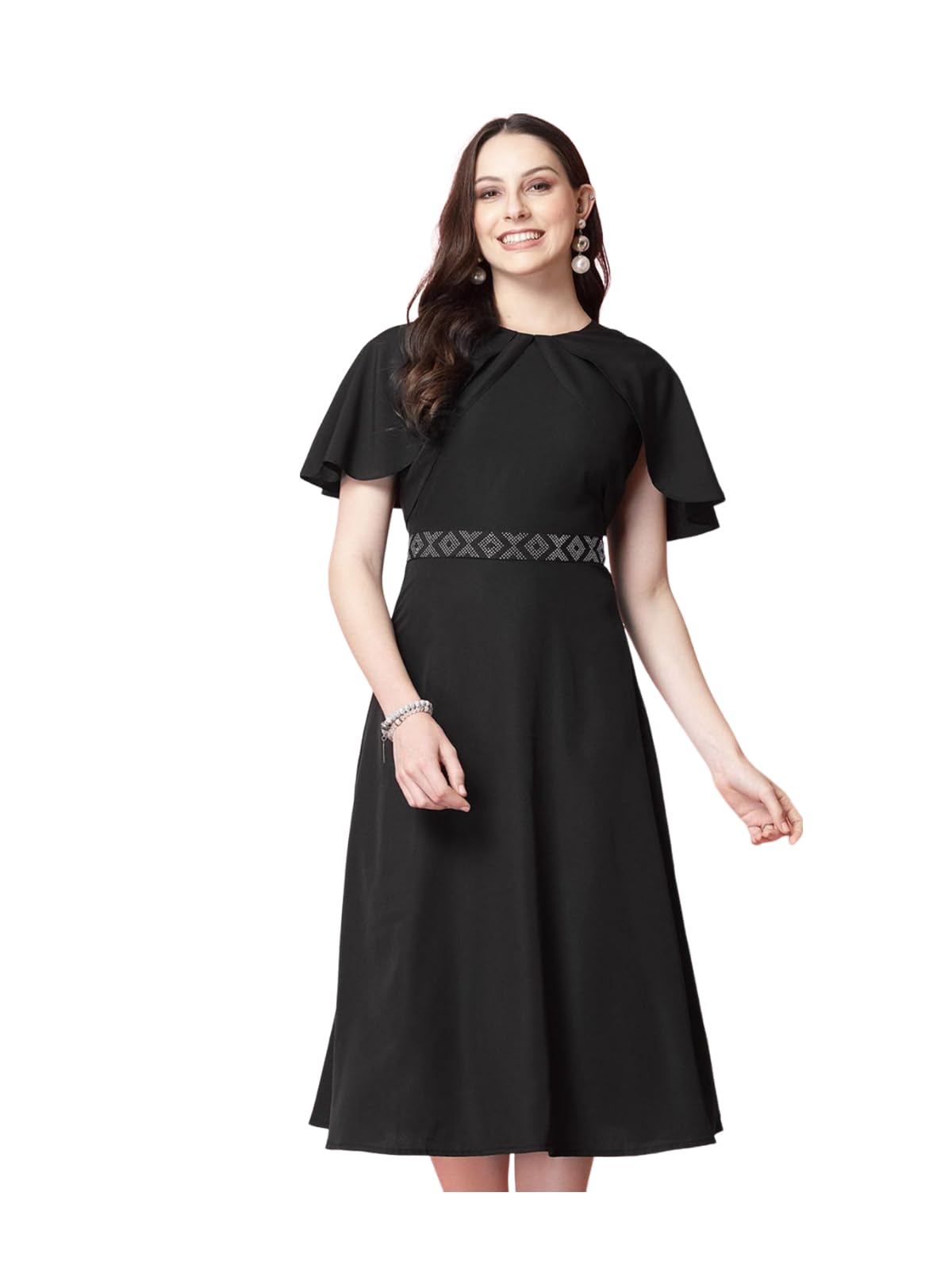 Selvia Women's Western Dress | Stone Work Flutter Sleeve Crepe Western Dress For Women | Round Neck A-Line Dress For Women | One Piece Dress For Women (665Dtk686N-S_Black)