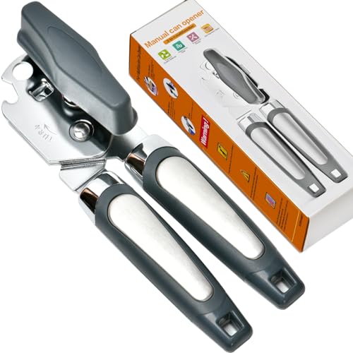 Can Opener, 3-In-1 Manual Can Openers, Cordless Tin Opener with Lids off Jar Opener and Bottle Opener in One, Smooth Edge and Heavy Duty Stainless Steel Sharp Blade