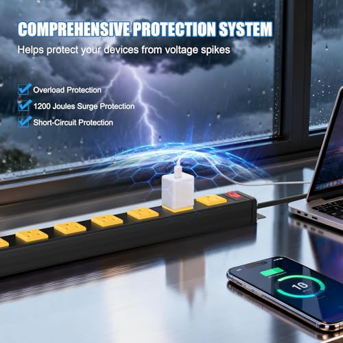 Image of 8 Outlet Wall Mount Metal Power Strip, 1.97 Inch Wide Spacing Flat Plug, 6FT 14AWG Extension Cord with Switch, 15A 1875W ETL Listed for Garage, Workshop, Home