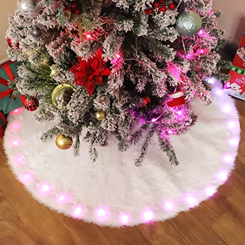 Attgreat 17 Light Modes Plush Christmas Tree Skirt, 30In Christmas Tree Mat, 43 Led White Luxury Faux Fur Christmas Tree Decorations For Party Holiday Home Decor Indoor Outdoor #TOP5