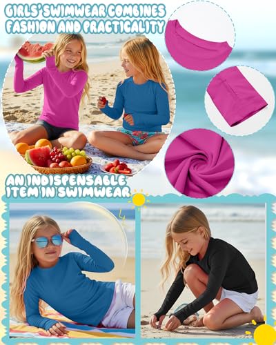 Image of 3 Pack Girls Rash Guard Swim Shirts 5-14Y UV Sun Protection Long Sleeve Thumb Hole Quick Dry T-Shirts UPF 50+ Tees