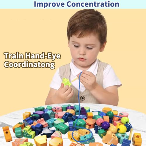 Image of 34 PCS Lacing Beads for Toddlers,Made of Natural Wood,Threading Toy That Can Improve Kid's Concentration, as The Preschool Fine Motor Skills Toys for 3 4 5 Year Old (Transport-34Pack)