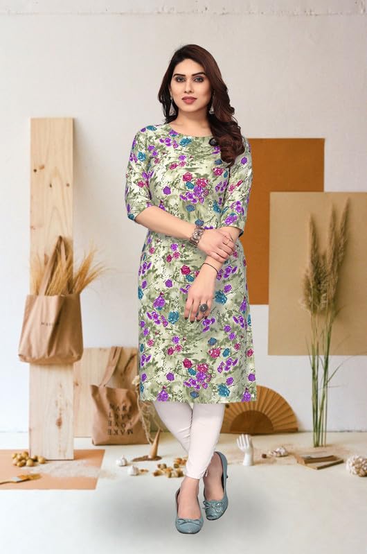 Image of JAKHANA Women's Crepe Printed Casual Straight Calf Length Round Nick Kurta Pack of 4