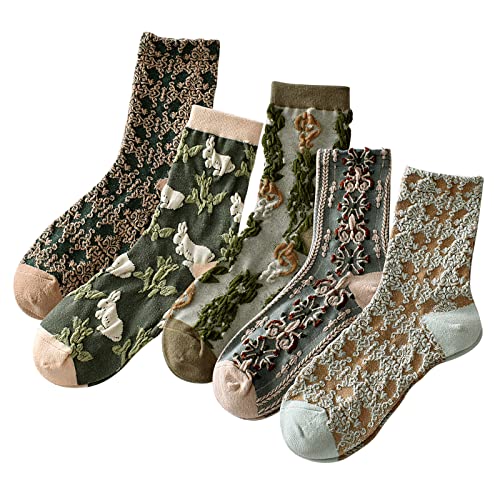 Image of 5 Pack Cute Womens Floral Socks, Vintage Embroidered Frilly Floral Ankle Cotton Cottagecore Socks