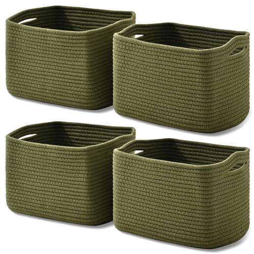 Image of ICERZCZ Storage Basket for Shelves, Small Baskets for Organizing, Woven Cotton Rope Baskets for Storage, Book Basket, Decorative Shelf Basket, 12.5"Lx9.1''Wx7.9''H (4 Packs) Green