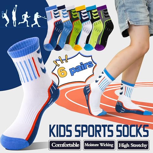 Image of Welwoos 6 Pairs Kids Boys Girls Socks Athletic Basketball Youth Sport Crew Cotton Breathable Soft Socks