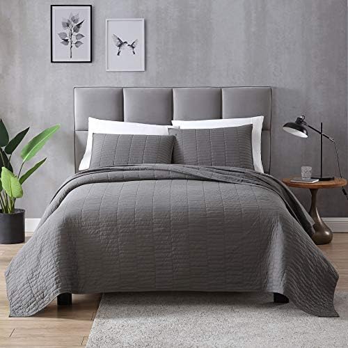 EXQ Home Quilt Set Full/Queen Size Grey 3 Piece,Lightweight Soft Coverlet Modern Style Stitched Quilt Pattern Bedspread Set for All Season(1 Quilt,2 Pillow Shams)