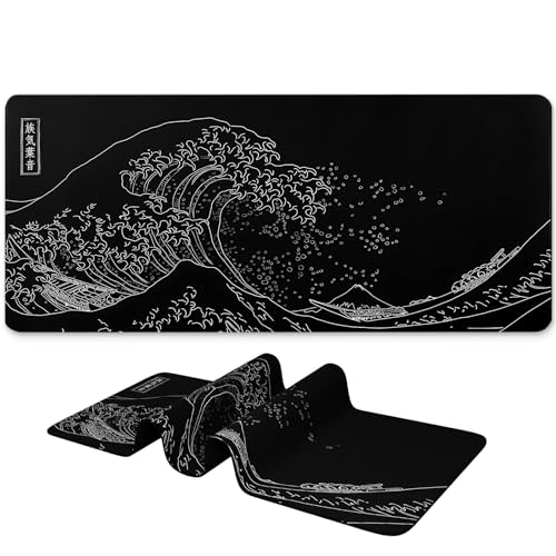 BLITZPAW Long Gaming Mouse Pad 31.5 x 11.8 inches, Extended Anime Mousepad, Large Mouse Mat with Non-Slip Base, Full Keyboard Mat with Stitched Edges for Gaming and Office (Black Wave)