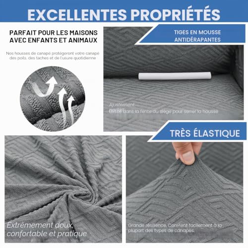 Housse de canapé salon extensible 2 places gris clair chaleureux - 4