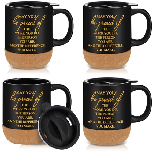 Zubebe 4 Pcs Thank You Mugs 15 oz Ceramic with Cork Bottom Lid, Black
