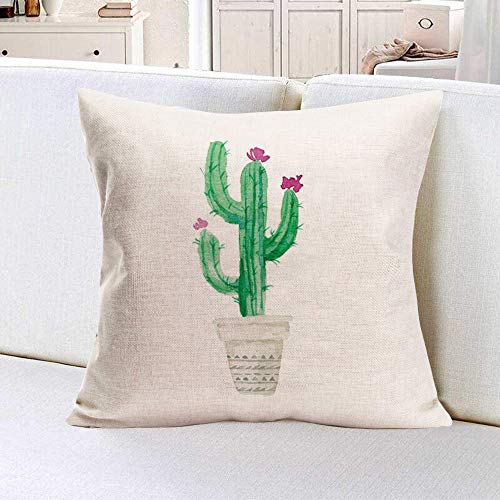 Xihomeli Green Plant Cushion Case 18X18 Inch Cotton Linen Watercolor Cartoon Succulent Cactus Cacti Throw Pillow Covers With Purple Flowers Hand-Painted Pot Pillowcase (Purple Cactus, 18"X18") #TOP3