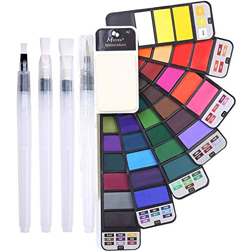 MEEDEN Watercolor Paint Set, 42 Assorted Colors Foldable Paint Set with 4 Brushes