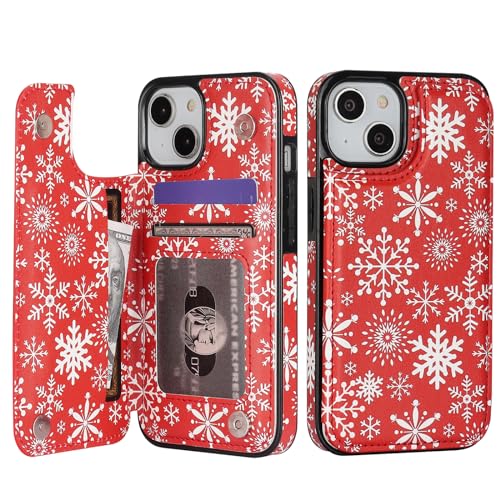 Image of HAOPINSH for iPhone 13 Wallet Case with Card Holder, Christmas Santa Snowflake Back Flip Folio PU Leather Kickstand Card Slots Case for Women Girls, Double Magnetic Clasp Shockproof Cover 6.1 inch