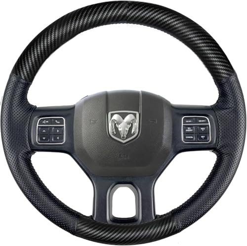 Hand Stitch Steering Wheel Cover | Customized Fit for Dodge Ram 1500/2500/3500/4500/5500 2013-2019 Anti-Slip Breathable Carbon Fiber and Side Perforated Leather Heavy Duty -Black
