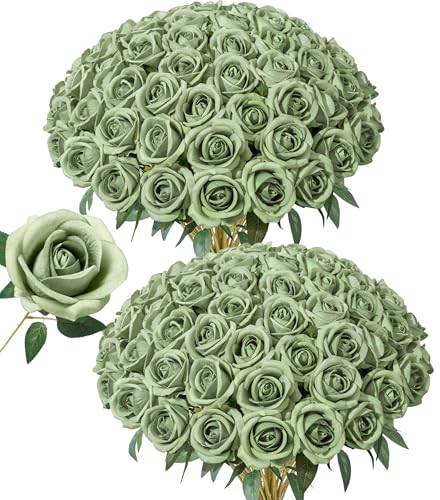 Image of 50 PCS Green Roses Artificial Flowers, Fake Roses with Stem Realistic Silk Roses for DIY Wedding Bouquets Tables Centerpieces Arrangements Baby Shower Birthday Home Decor Valentine's Day Gift for Her