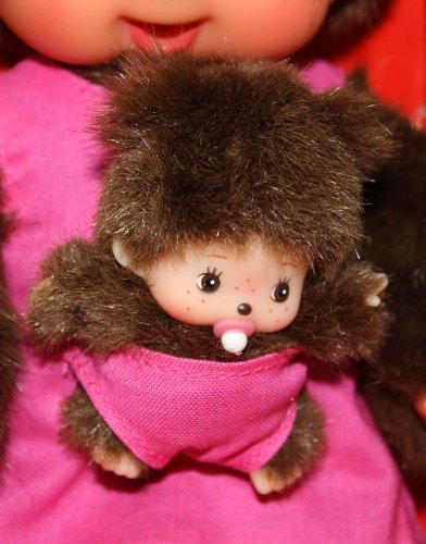 Sekiguchi 236200 - Original Monchhichi Mutter mit Baby, Plüschfigur mit pinkem Kleid und Schleife im Haar… – Ansicht 4