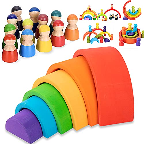 Houten peuter speelgoed 12 stuks regenboog houten poppen, houten mensen pretend spelen met regenboogstapeling speelgoed…