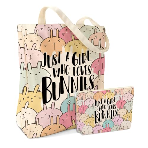Cute Bunny Gifts 2PCS Cosmetic Bag Canvas Tote Bag Beach Bag with Pocket Makeup Bags Bunny Stuff Accessories Decor for Animal Bunnies Lovers Women Breeder Girls Best Friend for Christmas Birthday