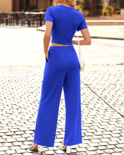 Btfbm Women Summer 2023 Two Piece Casual Outfits Lounge Set Ribbed Knit Bodycon Crop Top Long Pants Tracksuits Sweatsuit(Short Blue, Small) #TOP3