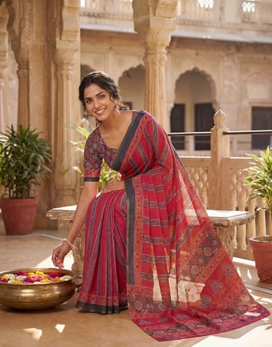 Image of SIRIL Women's Printed Cotton Linen One Minute Ready to Wear Saree With Unstitched Blouse Piece