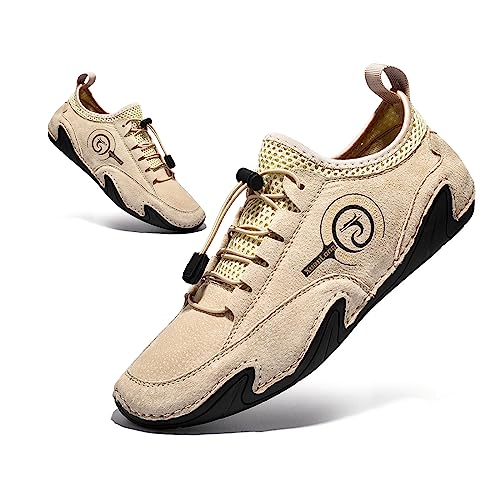 Lymphvity Men's ltalian Handmade Leather Sneakers Outdoor Slip On Non-Slip Walking Shoes Breathable Lightweight Lace Up Walking Driving Sports Shoes