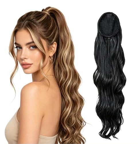 Xinhuanqi 26in Wavy Drawstring Ponytail Wig with Hair Net, Synthetic Curly Hair Ponytail Extension Hairpiece for Women (Ash Blonde)