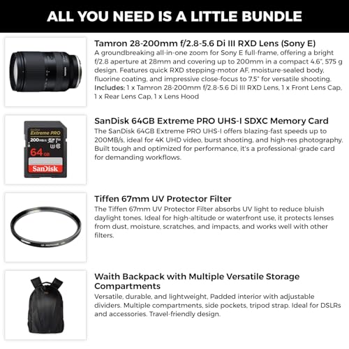 Image of Tamron 28-200mm f /2.8-5.6 Di III RXD Lens (Sony E) with Wide-to-Tele Zoom & f /2.8 Aperture, 64GB Extreme PRO SDXC Card with 200MB /s Read Speed, Tiffen 67mm UV Filter & Camera Backpack Bundle Kit
