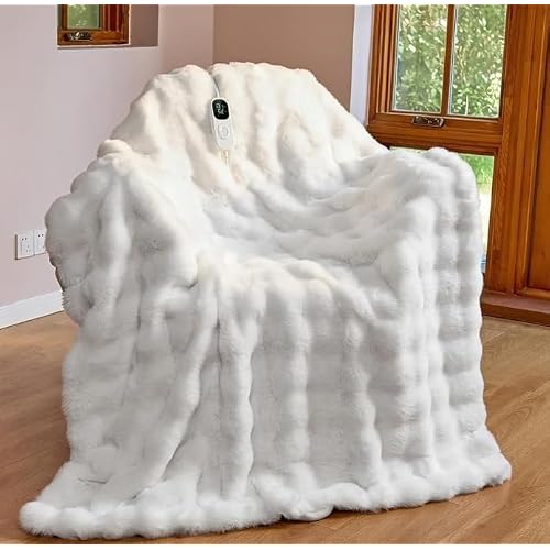 IUUI Electric Heated Blanket Throw 50''x60'',Luxury Faux Rabbit Fur Heating Throw Blankets,Fast Heating with 1/2/4/6/8/10 Hours,Overheat Protection, Quick Heating, Memory Function, Gift-Read