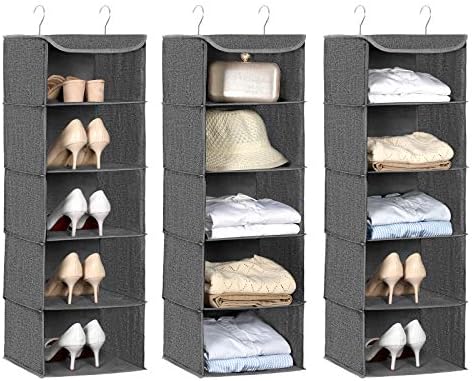 SONGMICS Hanging Storage Shelves, Wardrobe Clothes Organiser, Space Saving and Foldable, Metal Hooks and Bamboo Inserts, Linen Pattern, Grey RYCH06G