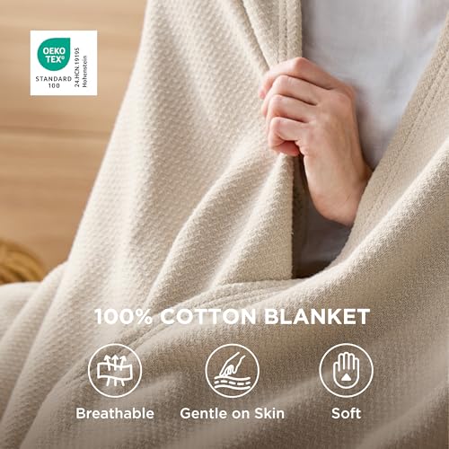 Image of Bedsure 100% Cotton Blanket, Herringbone Weave, Oversized King, Linen Beige