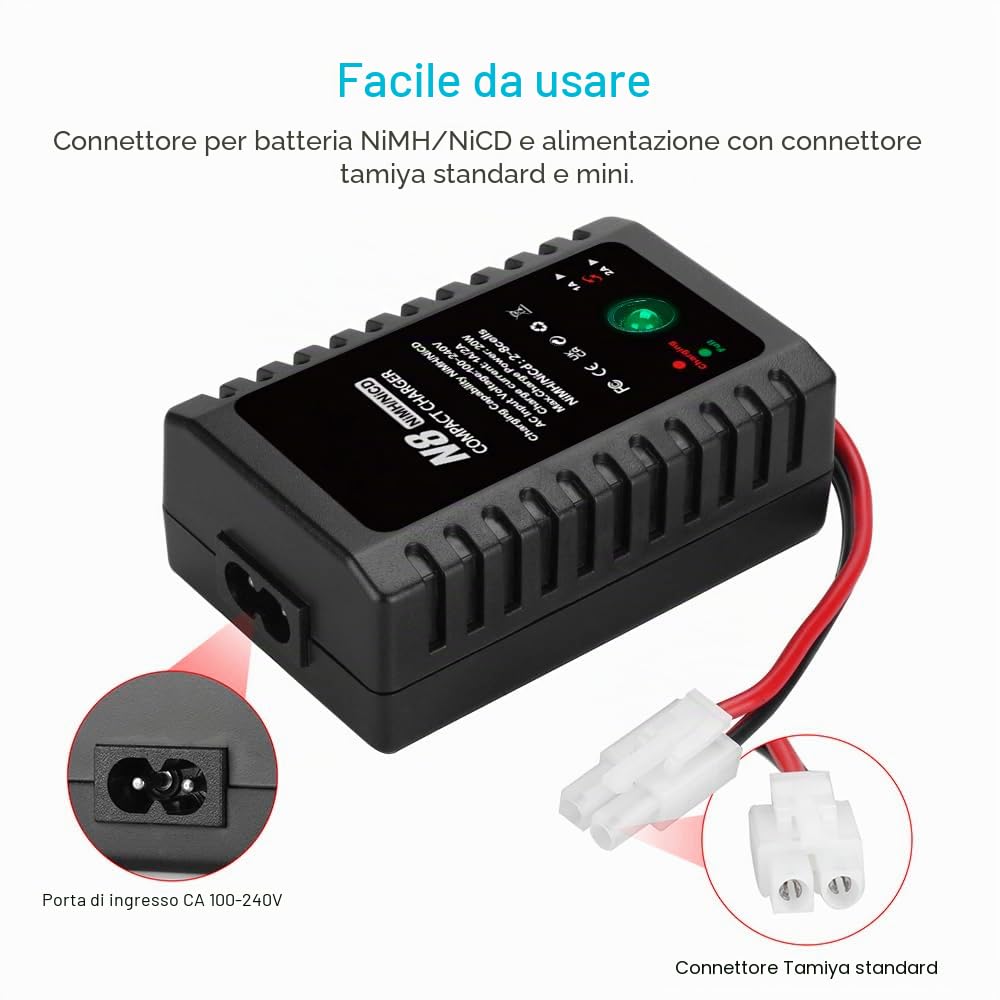 Haisito Caricatore Lipo N8, 2 – 8 s, Smart NiMH/NiCd, con spina standard/mini 2,4 V/9,6 V; adatto per auto airsoft-RC, barche, droni RCA
