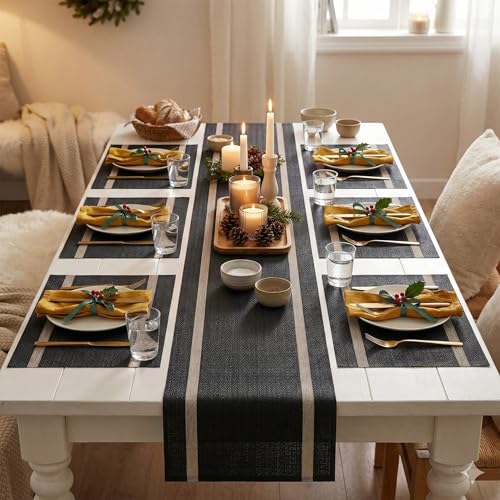 Image of YELONA Dining Table Placemats and Runner Set - Heat Resistant, Washable, Stain Resistant Mats - Woven Vinyl Plastic - Easy to Clean-(45x30 cm 6 Placemats, 135x30 cm 1 Runner)-Ideal for Stylish Dining