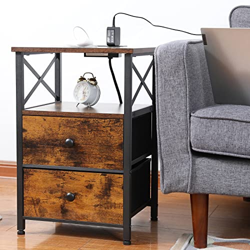 Amhancible End Table With Charging Station, Nightstand Set Of 2 With Fabric Drawer, Small Side Table Living Room With Usb Ports And Outlets For Small Spaces Bedroom Rustic Brown And Black #TOP1