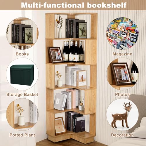 mopam 5 Tier Corner Bookshelf 69\'\' Tall L Shaped Bookcase Open Etagere Bookshelf Freestanding Wood Grain Book Shelf Streamlined Bookshelf Industrial Storage Bookcase for Living Room Home Office