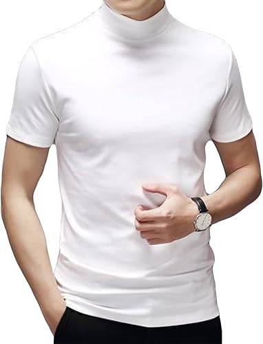 Camiseta de cuello alto falso de manga corta para hombre, básica, ceñida, de punto, térmica, de un solo color